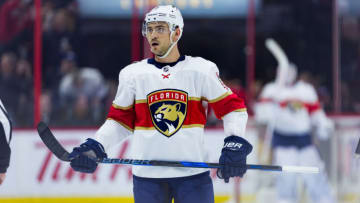 OTTAWA, ON - MARCH 29: Florida Panthers Right Wing Colton Sceviour (7) waits for a face-off during first period National Hockey League action between the Florida Panthers and Ottawa Senators on March 29, 2018, at Canadian Tire Centre in Ottawa, ON, Canada. (Photo by Richard A. Whittaker/Icon Sportswire via Getty Images)