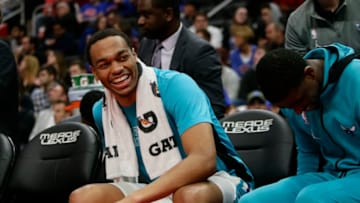 DETROIT, MI - NOVEMBER 29: PJ Washington #25 of the Charlotte Hornets celebrates on the bench during the first half of a game against the Detroit Pistons at Little Caesars Arena on November 29, 2019, in Detroit, Michigan. NOTE TO USER: User expressly acknowledges and agrees that, by downloading and or using this photograph, User is consenting to the terms and conditions of the Getty Images License Agreement. (Photo by Duane Burleson/Getty Images)