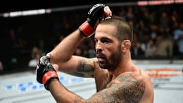 NORFOLK, VA - NOVEMBER 11: Matt Brown celebrates after defeating Diego Sanchez by KO in their welterweight bout during the UFC Fight Night event inside the Ted Constant Convention Center on November 11, 2017 in Norfolk, Virginia. (Photo by Brandon Magnus/Zuffa LLC/Zuffa LLC via Getty Images)