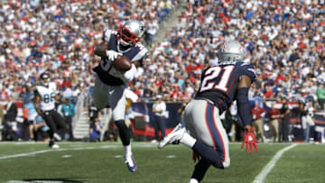 Sep 27, 2015; Foxborough, MA, USA; New England Patriots free safety Devin McCourty (32) intercepts a pass by Jacksonville Jaguars quarterback Blake Bortles (5) (not pictured) in the second quarter at Gillette Stadium. Mandatory Credit: David Butler II-USA TODAY Sports