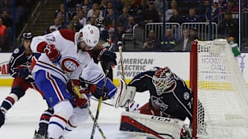 Nov 4, 2016; Columbus, OH, USA; Columbus Blue Jackets goalie Sergei Bobrovsky (72) makes a save against the Montreal Canadiens during the first period at Nationwide Arena. Mandatory Credit: Russell LaBounty-USA TODAY Sports