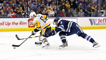 Seth Jones #3 of the Columbus Blue Jackets battles Sidney Crosby #87 of the Pittsburgh Penguins. (Photo by Kirk Irwin/Getty Images)