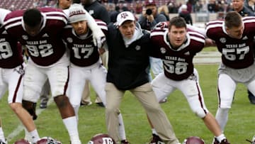 COLLEGE STATION, TEXAS - NOVEMBER 10: Head coach Jimbo Fisher of the Texas A&M Aggies participates in the Aggie War Hymn after defeating the Mississippi Rebels at Kyle Field on November 10, 2018 in College Station, Texas. (Photo by Bob Levey/Getty Images)