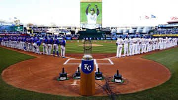 KANSAS CITY, MO - APRIL 03: The World Series trophy is displayed as ahead of the opening day game between the Kansas City Royals and the New York Mets at Kauffman Stadium on April 3, 2016 in Kansas City, Missouri. (Photo by Jamie Squire/Getty Images)