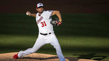 WASHINGTON, DC - JULY 18: Max Scherzer #31 of the Washington Nationals pitches against the Philadelphia Phillies during the second inning at Nationals Park on July 18, 2020 in Washington, DC. (Photo by Scott Taetsch/Getty Images)