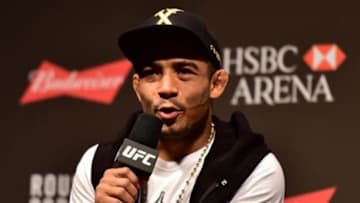 Jul 31, 2015; Rio de Janeiro, RJ, Brazil; Jose Aldo interacts with fans during a Q&A session before weigh-ins for UFC 190 at HSBC Arena. Mandatory Credit: Jason Silva-USA TODAY Sports