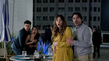 BASED ON A TRUE STORY -- "The Survivor” Episode 104 -- Pictured: (l-r) Sebastian Quinn as Carlos, Priscilla Quintana as Ruby, Kaley Cuoco as Ava, Chris Messina as Nathan -- (Photo by: Erica Parise/PEACOCK)