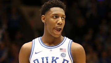 DURHAM, NORTH CAROLINA - FEBRUARY 20: RJ Barrett #5 of the Duke Blue Devils reacts after a play against the North Carolina Tar Heels during their game at Cameron Indoor Stadium on February 20, 2019 in Durham, North Carolina. (Photo by Streeter Lecka/Getty Images)
