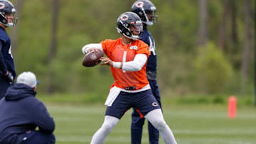 May 15, 2021; Lake Forest, Illinois, USA; Chicago Bears quarterback Justin Fields (1) works out during rookie minicamp at Halas Hall. Mandatory Credit: Kamil Krzaczynski-USA TODAY Sports