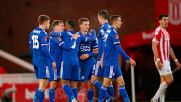 Goalscorer Marc Albrighton of Leicester City (second from left) is congratulated by teammates. (Photo by Malcolm Couzens/Getty Images)