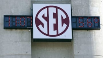 Oct 19, 2013; College Station, TX, USA; A general view of the SEC logo before the game between theTexas A&M Aggies and the Auburn Tigers at Kyle Field. Mandatory Credit: Soobum Im-USA TODAY Sports