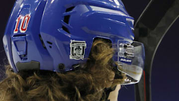 NEW YORK, NEW YORK - JANUARY 19: Artemi Panarin #10 and the New York Rangers honor the NHL's first Black player Willie O'Ree with a commemorative helmet sticker prior to their game against the New Jersey Devils at Madison Square Garden on January 19, 2021 in New York City. (Photo by Bruce Bennett/Getty Images)