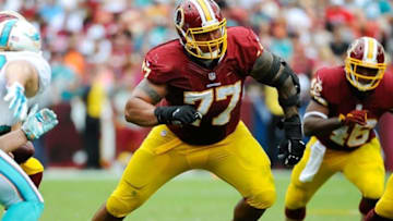 Sep 13, 2015; Landover, MD, USA; Washington Redskins guard Shawn Lauvao (77) prepares to block against the Miami Dolphins during the first half at FedEx Field. Mandatory Credit: Brad Mills-USA TODAY Sports