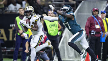 NEW ORLEANS, LA - NOVEMBER 18: Alvin Kamara #41 of the New Orleans Saints catches a pass for a touchdown over Malcolm Jenkins #27 of the Philadelphia Eagles at Mercedes-Benz Superdome on November 18, 2018 in New Orleans, Louisiana. The Saints defeated the Eagles 48-7. (Photo by Wesley Hitt/Getty Images)