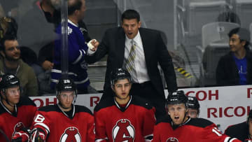 TORONTO, ON - OCTOBER 17: Albany Devils head coach Rick Kowalsky reacts to a call during game action against the Toronto Marlies on October 17, 2015 at the Ricoh Coliseum in Toronto, Ontario, Canada. (Photo by Graig Abel/Getty Images)
