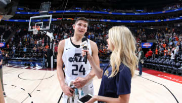 SALT LAKE CITY, UT - JULY 5: Grayson Allen #24 of the Utah Jazz speaks to the media after the game against the Atlanta Hawks on July 5, 2018 at Vivint Smart Home Arena in Salt Lake City, Utah. NOTE TO USER: User expressly acknowledges and agrees that, by downloading and/or using this photograph, user is consenting to the terms and conditions of the Getty Images License Agreement. Mandatory Copyright Notice: Copyright 2018 NBAE (Photo by Melissa Majchrzak/NBAE via Getty Images)