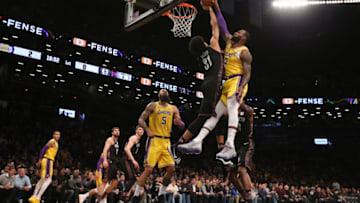 Dec 18, 2018; Brooklyn, NY, USA; Brooklyn Nets center Jarrett Allen (31) blocks a shot by Los Angeles Lakers small forward LeBron James (23) during the first quarter at Barclays Center. Mandatory Credit: Brad Penner-USA TODAY Sports