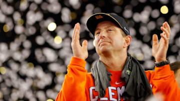 TAMPA, FL - JANUARY 09: Head coach Dabo Swinney of the Clemson Tigers reacts after defeating the Alabama Crimson Tide 35-31 to win the 2017 College Football Playoff National Championship Game at Raymond James Stadium on January 9, 2017 in Tampa, Florida. (Photo by Kevin C. Cox/Getty Images)