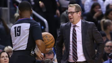 TORONTO, ON - OCTOBER 19: Head Coach Nick Nurse of the Toronto Raptors talks to an official during the second half of an NBA game against the Boston Celtics at Scotiabank Arena on October 19, 2018 in Toronto, Canada. NOTE TO USER: User expressly acknowledges and agrees that, by downloading and or using this photograph, User is consenting to the terms and conditions of the Getty Images License Agreement. (Photo by Vaughn Ridley/Getty Images)