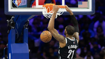 Oct 22, 2021; Philadelphia, Pennsylvania, USA; Brooklyn Nets forward LaMarcus Aldridge (21) Mandatory Credit: Bill Streicher-USA TODAY Sports