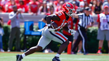 ATHENS, GA - SEPTEMBER 24: Kearis Jackson #10 of the Georgia Bulldogs returns a kickoff during the first half against the Kent State Golden Flashes at Sanford Stadium on September 24, 2022 in Athens, Georgia. (Photo by Todd Kirkland/Getty Images)
