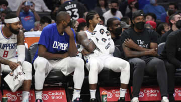 Marcus Morris Sr. #8, Serge Ibaka #9, Paul George #13 and Kawhi Leonard (Photo by Kevork Djansezian/Getty Images)