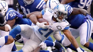 INDIANAPOLIS, IN - SEPTEMBER 11: Ameer Abdullah #21 of the Detroit Lions is tackled in the fourth quarter of the game against the Indianapolis Colts at Lucas Oil Stadium on September 11, 2016 in Indianapolis, Indiana. (Photo by Joe Robbins/Getty Images)