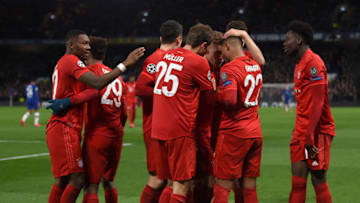 LONDON, ENGLAND - FEBRUARY 25: Serge Gnabry of FC Bayern Munich celebrates with teammates after scoring his team's second goal during the UEFA Champions League round of 16 first leg match between Chelsea FC and FC Bayern Muenchen at Stamford Bridge on February 25, 2020 in London, United Kingdom. (Photo by Harriet Lander/Copa/Getty Images)