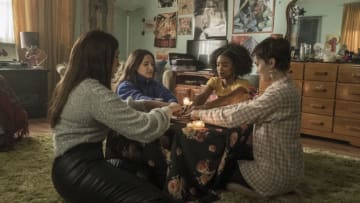(l-r) Lourdes (Zoey Luna) Frankie (Gideon Adlon) Tabby (Lovie Simone) and Lily (Cailee Spaeny) perform rituals and talk about being cautious with their gifts in Columbia Pictures' THE CRAFT: LEGACY.