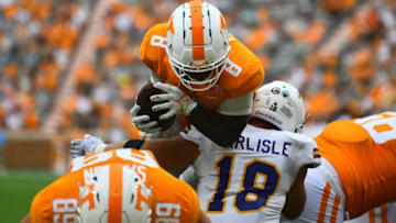 Tennessee running back Tiyon Evans (8) dives into the end zone during a NCAA football game against Tennessee Tech at Neyland Stadium in Knoxville, Tenn. on Saturday, Sept. 18, 2021.Kns Tennessee Tenn Tech Football