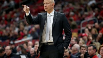 LOUISVILLE, KENTUCKY - JANUARY 07: Chris Mack the head coach of the Louisville Cbasketball program gives instructions to his team during the game against the Miami Hurricanes at KFC YUM! Center on January 07, 2020 in Louisville, Kentucky. (Photo by Andy Lyons/Getty Images)