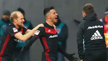 INGOLSTADT, GERMANY - NOVEMBER 19: Alfredo Morales (C) of Ingolstadt celebrates scoring the opening goal with his team mate Tobias Levels and head coach Stefan Leitl (R) during the Second Bundesliga match between FC Ingolstadt 04 and Fortuna Duesseldorf at Audi Sportpark on November 19, 2017 in Ingolstadt, Germany. (Photo by Alexander Hassenstein/Bongarts/Getty Images)