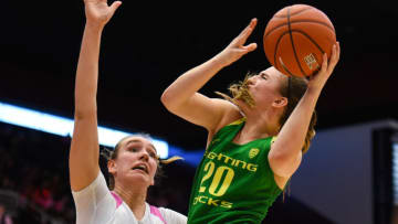 PALO ALTO, CA - FEBRUARY 10: Oregon Guard Sabrina Ionescu (20) shoots over Stanford Forward Alanna Smith (11) during the women's basketball game between the Oregon Ducks and the Stanford Cardinal at Maples Pavilion on February 10, 2019 in Palo Alto, CA. (Photo by Cody Glenn/Icon Sportswire via Getty Images)