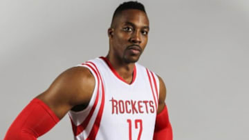 Sep 29, 2014; Houston, TX, USA; Houston Rockets center Dwight Howard (12) poses for a photo during media day at Toyota Center. Mandatory Credit: Troy Taormina-USA TODAY Sports