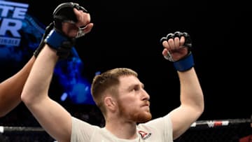 LAS VEGAS, NV - DECEMBER 01: Brett Johns of Wales celebrates after his submission victory over Joe Soto in their bantamweight bout during the TUF Finale event inside Park Theater on December 01, 2017 in Las Vegas, Nevada. (Photo by Jeff Bottari/Zuffa LLC/Zuffa LLC via Getty Images)