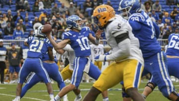 Nov 6, 2021; Durham, North Carolina, USA; Duke Blue Devils quarterback Riley Leonard (10) passes the ball from the pocket during the third quarter against the Pittsburgh Panthers at Wallace Wade Stadium. Mandatory Credit: William Howard-USA TODAY Sports