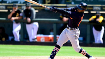 BRADENTON, FLORIDA - MARCH 02: Akil Baddoo #60 of the Detroit Tigers hits an rbi double during the third inning against the Pittsburgh Pirates during a spring training game at LECOM Park on March 02, 2021 in Bradenton, Florida. (Photo by Douglas P. DeFelice/Getty Images)