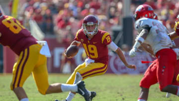 LOS ANGELES, CA - SEPTEMBER 01: USC Trojans quarterback Matt Fink (19) during the college football game between the UNLV Rebels and the USC Trojans on September 01, 2018, at Los Angeles Memorial Coliseum in Los Angeles, CA. (Photo by Jordon Kelly/Icon Sportswire via Getty Images)