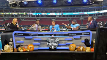 Oct 27, 2016; Nashville, TN, USA; Tennessee Titans quarterback Marcus Mariota (8) on the set of NFL Thursday Night Football with teammate Titans running back DeMarco Murray (29) following the game at Nissan Stadium. Tennessee won 36-22. Mandatory Credit: Jim Brown-USA TODAY Sports