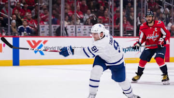 John Tavares #91 of the Toronto Maple Leafs scores a goal against the Washington Capitals during the third period at Capital One Arena. (Photo by Scott Taetsch/Getty Images)