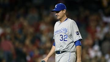 Apr 27, 2016; Anaheim, CA, USA; Kansas City Royals pitcher Chris Young (32) walks off the field after he is pulled from the game during the sixth inning against the Los Angeles Angels at Angel Stadium of Anaheim. Mandatory Credit: Kelvin Kuo-USA TODAY Sports