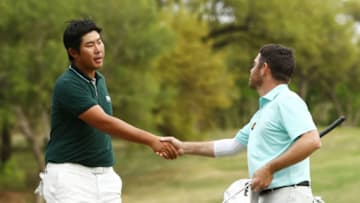AUSTIN, TEXAS - MARCH 28: Louis Oosthuizen of South Africa shakes hands with Byeong-Hun An of South Korea on the 18th green after defeating him 1up during the second round of the World Golf Championships-Dell Technologies Match Play at Austin Country Club on March 28, 2019 in Austin, Texas. (Photo by Ezra Shaw/Getty Images)