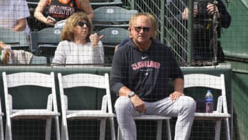 Mar 6, 2023; Tempe, Arizona, USA; Cleveland Guardians manager Terry Francona (77) watches the game from behind a protective net in the first inning against the Los Angeles Angels at Tempe Diablo Stadium. Mandatory Credit: Rick Scuteri-USA TODAY Sports