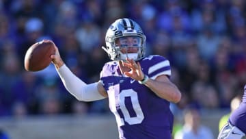 MANHATTAN, KS - NOVEMBER 25: Quarterback Skyler Thompson #10 of the Kansas State Wildcats throws a pass against the Iowa State Cyclones during the first half on November 25, 2017 at Bill Snyder Family Stadium in Manhattan, Kansas. (Photo by Peter G. Aiken/Getty Images)