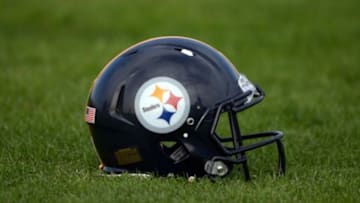 Sep 27, 2013; London, United Kingdom; General view of a Pittsburgh Steelers helmet at practice at the London Wasps rugby club practice facility at the Twyford Avenue sports ground in preparation for the NFL International Series game against the Minnesota Vikings. Mandatory Credit: Kirby Lee-USA TODAY Sports