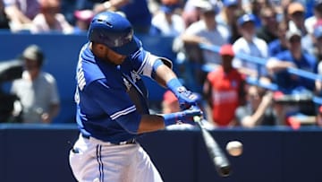 Jun 14, 2016; Toronto, Ontario, CAN; Toronto Blue Jays designated hitter Edwin Encarnacion (10) hits a double against Philadelphia Phillies in the third inning at Rogers Centre. Mandatory Credit: Dan Hamilton-USA TODAY Sports
