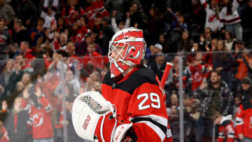 NEWARK, NEW JERSEY - FEBRUARY 16: Mackenzie Blackwood #29 of the New Jersey Devils celebrates the win over the Columbus Blue Jackets at Prudential Center on February 16, 2020 in Newark, New Jersey.The New Jersey Devils defeated the Columbus Blue Jackets 4-3 in a shootout. (Photo by Elsa/Getty Images)