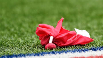 BUFFALO, NY - OCTOBER 07: A red challenge flag lays on the field during the game between the Tennessee Titans and Buffalo Bills at New Era Field on October 7, 2018 in Buffalo, New York. (Photo by Patrick McDermott/Getty Images)
