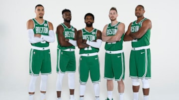 CANTON, MA - SEPTEMBER 24: Jayson Tatum #0, Jaylen Brown #7, Kyrie Irving #11, Gordon Hayward #20 and Al Horford #42 of the Boston Celtics pose for a portrait at media day on September 24, 2018 at the High Output Studios in Canton, Massachusetts. NOTE TO USER: User expressly acknowledges and agrees that, by downloading and or using this photograph, User is consenting to the terms and conditions of the Getty Images License Agreement. Mandatory Copyright Notice: Copyright 2018 NBAE (Photo by Brian Babineau/NBAE via Getty Images)
