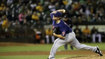 Aug 17, 2013; Oakland, CA, USA; Cleveland Indians relief pitcher Matt Albers (32) pitches the ball against the Oakland Athletics during the ninth inning at O.co Coliseum. The Cleveland Indians defeated the Oakland Athletics 7-1. Mandatory Credit: Kelley L Cox-USA TODAY Sports